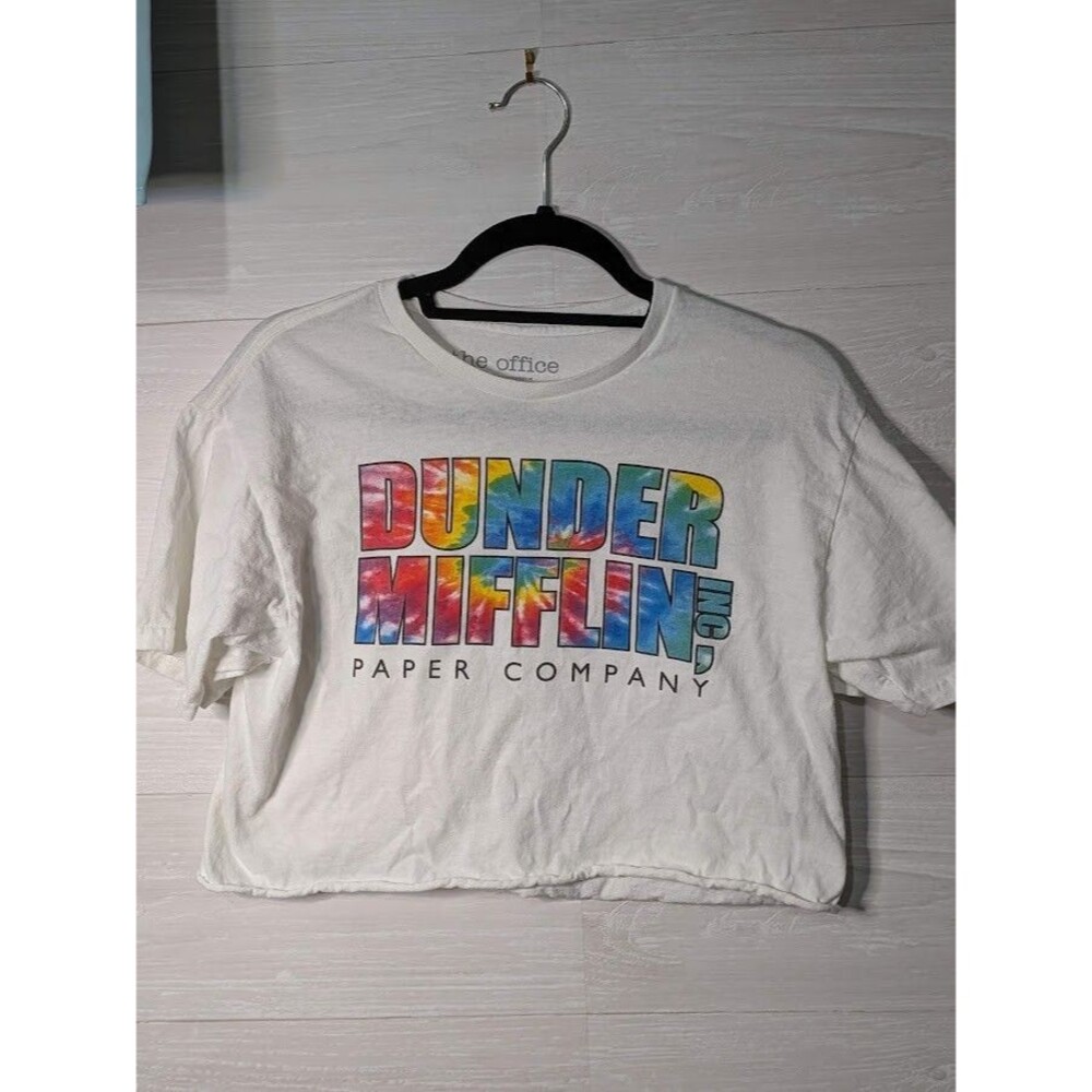The Office Dunder Mifflin Tie Dye Logo White Crop Top Shirt Medium M TV SHOW